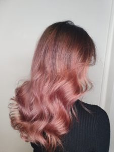 highlights and lowlights pink rose gold Cardiff Hairdressers