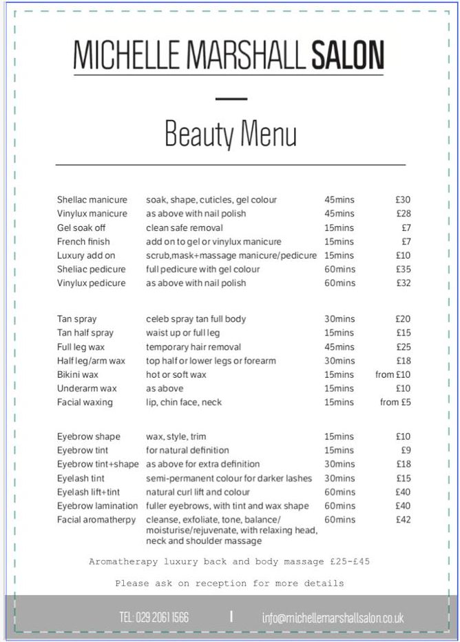 Michelle Marshall Beauty Price List July 2022